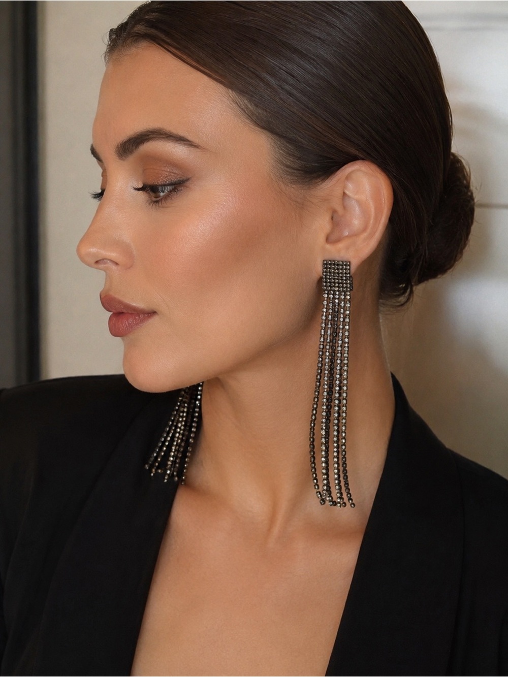 Gunmetal Rhinestone Fringe Drop Earringe